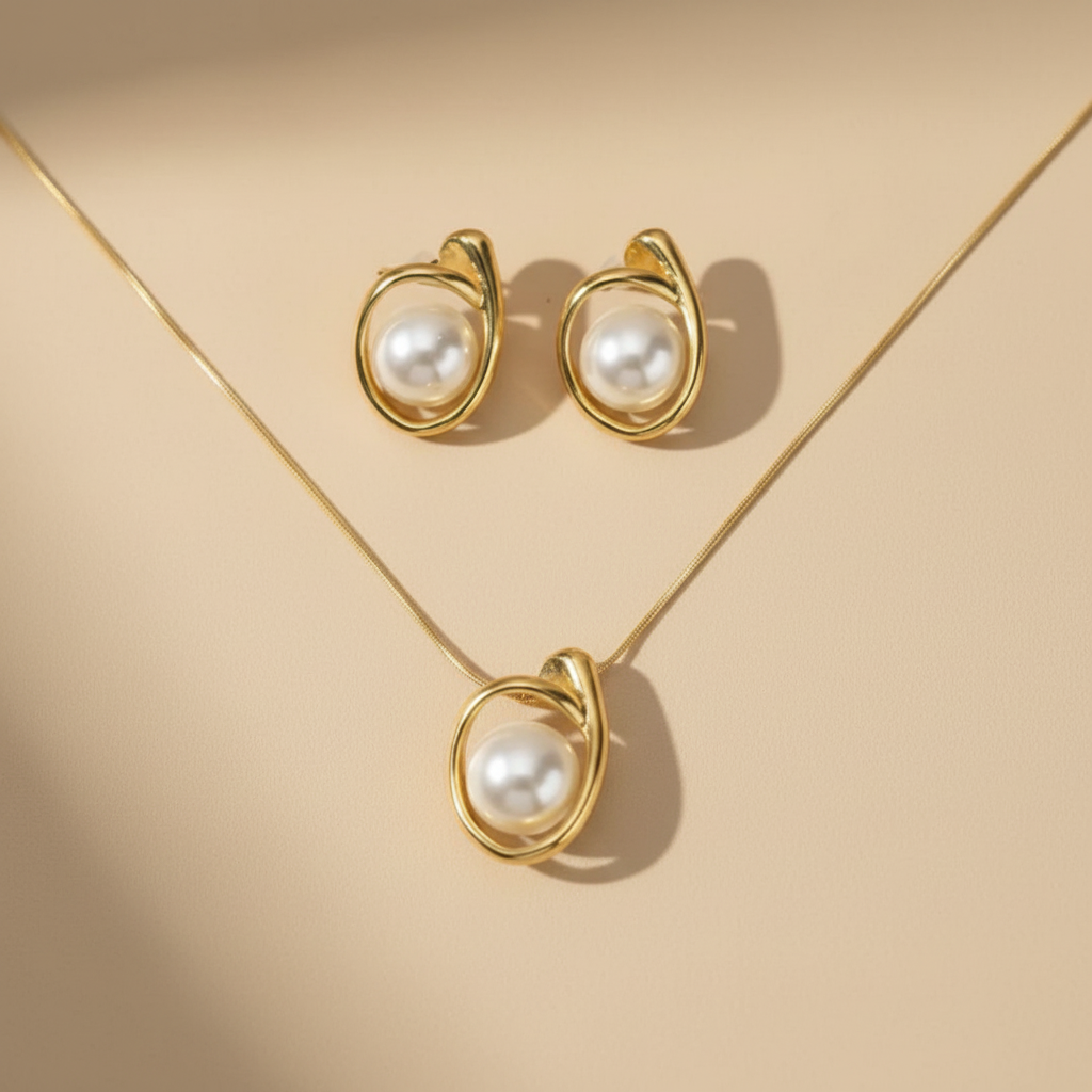 Pearl Orbit Necklace and Earring Set by Velora Luxe