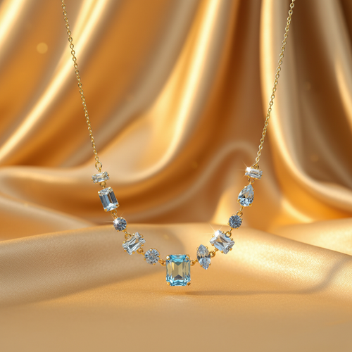 Crystal Bloom Icy Blue Gemstone Necklace by Velora Luxe on gold satin background
