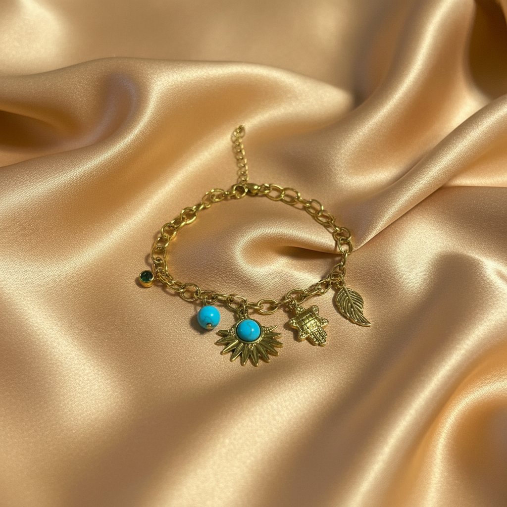Turquoise Charm Bracelet by Velora Luxe on gold satin background