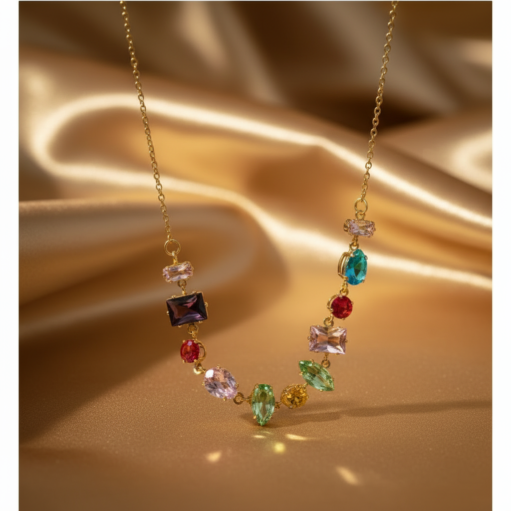 Prism Bloom Multicolour Gemstone Necklace by Velora Luxe on gold champagne background