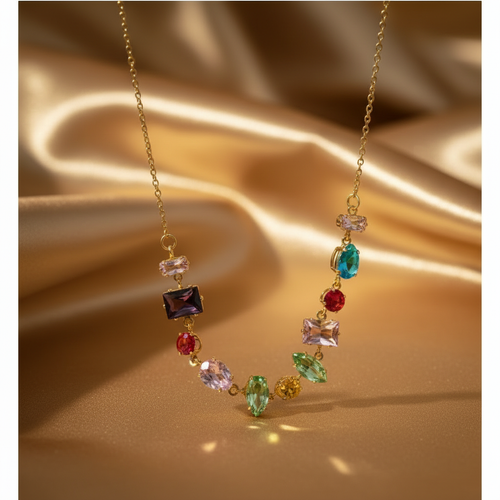 Prism Bloom Multicolour Gemstone Necklace by Velora Luxe on gold champagne background